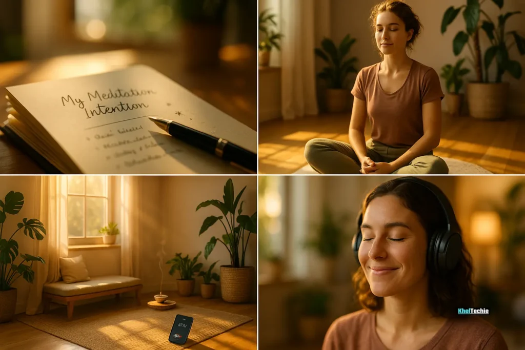 Steps to build a meditation habit shown through cozy modern scenes