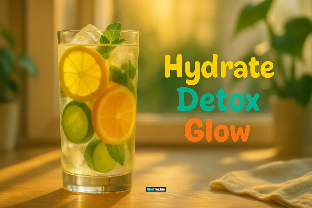 Tall glass of citrus detox water on sunny windowsill with motivational quote overlay