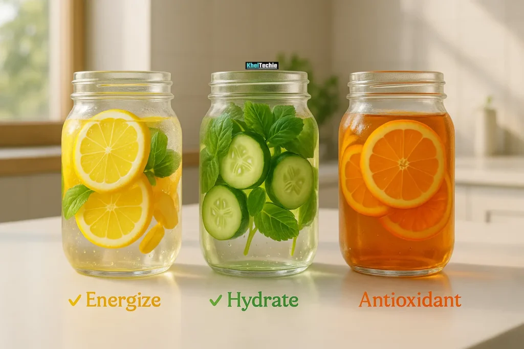 Three types of flat tummy water blends with different ingredients for bloating, energy, and detox
