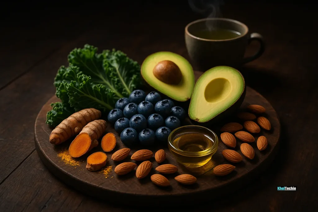 Top anti-aging superfoods like blueberries, avocado, and turmeric arranged on a rustic table under cinematic lighting