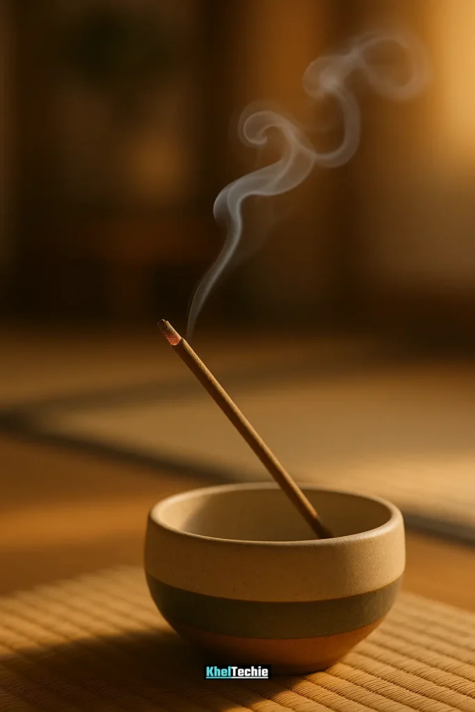 Vertical shot of cozy Japanese tea setup with matcha and incense