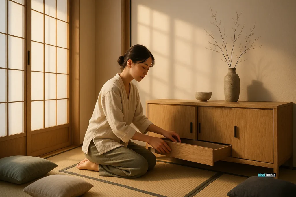 Woman decluttering in minimalist Japanese room with soft light