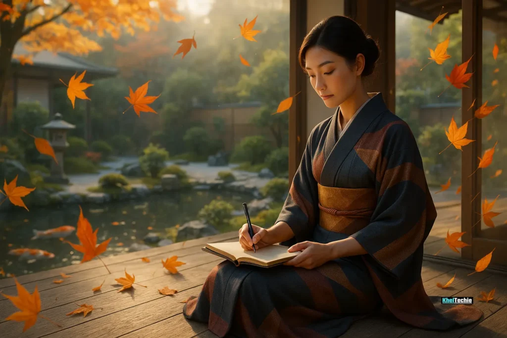 Woman journaling in Japanese garden during autumn, koi pond in background