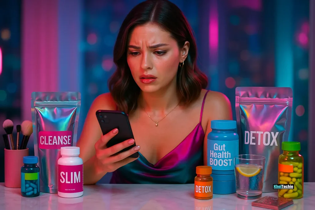 Woman looking at phone surrounded by flashy diet supplements and detox teas