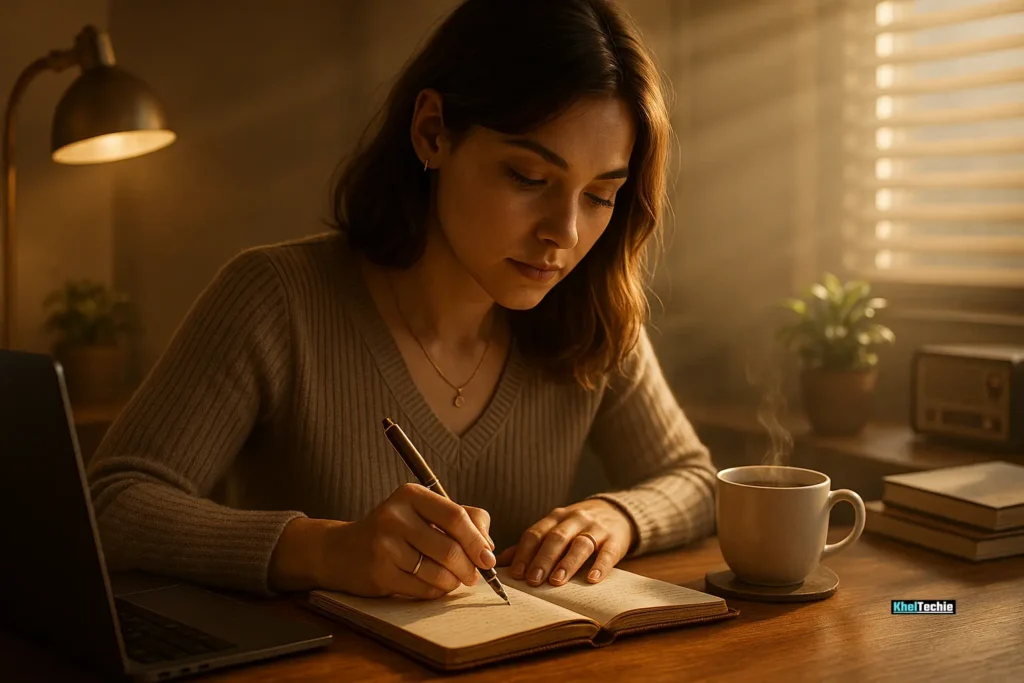 Woman planning balanced daily routine in journal