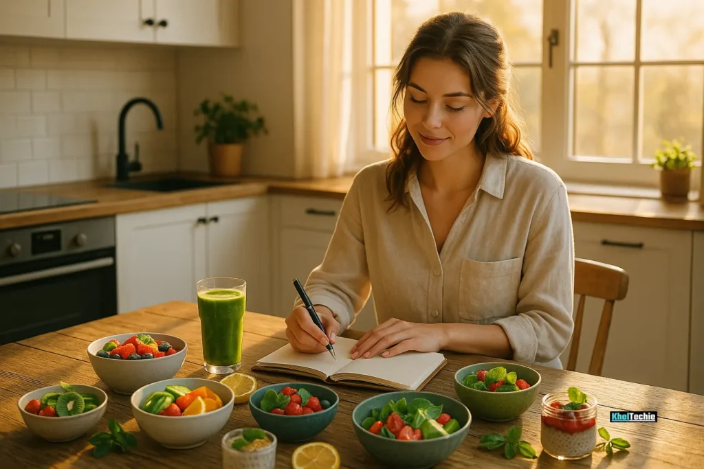 Woman writing daily gut health habits in kitchen surrounded by fresh healthy foods