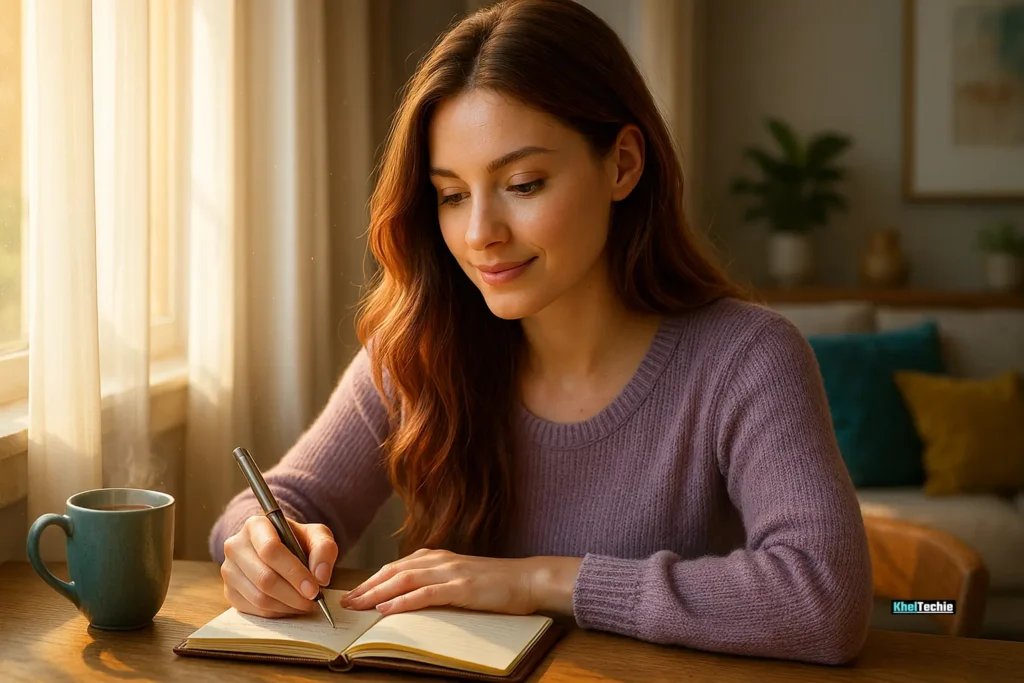 Woman writing positive affirmations in journal for mental strength