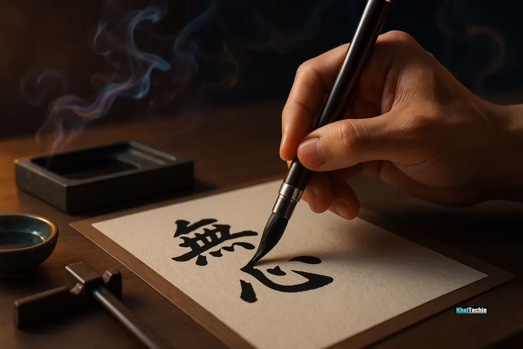 Writing kanji “mushin” in a mindfulness journal with incense and brush pen