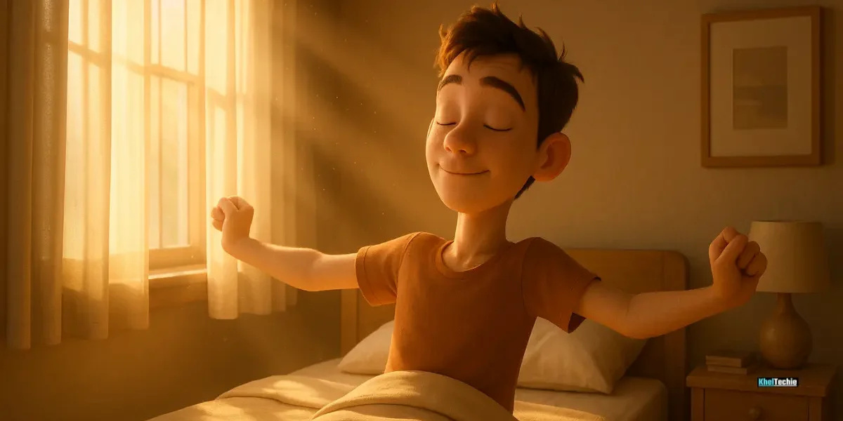 Young adult stretching at sunrise in minimalist bedroom with warm golden sunlight and cinematic morning glow