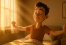 Young adult stretching at sunrise in minimalist bedroom with warm golden sunlight and cinematic morning glow