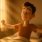 Young adult stretching at sunrise in minimalist bedroom with warm golden sunlight and cinematic morning glow