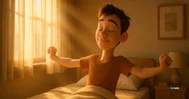 Young adult stretching at sunrise in minimalist bedroom with warm golden sunlight and cinematic morning glow