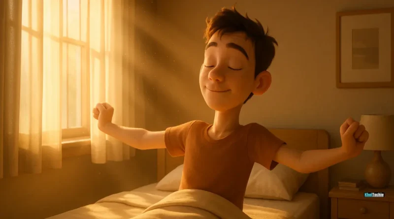 Young adult stretching at sunrise in minimalist bedroom with warm golden sunlight and cinematic morning glow