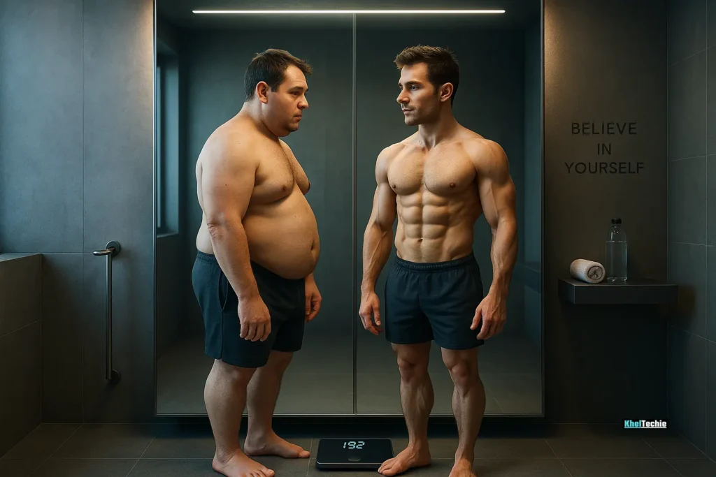 Before and after body recomposition in mirror with same weight on scale