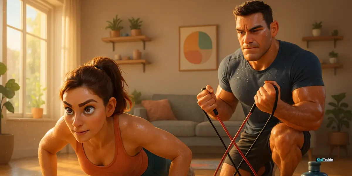 Man and woman doing home workout with resistance bands and push-ups in a bright living room with natural sunlight