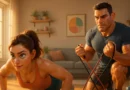 Man and woman doing home workout with resistance bands and push-ups in a bright living room with natural sunlight