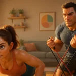 Man and woman doing home workout with resistance bands and push-ups in a bright living room with natural sunlight