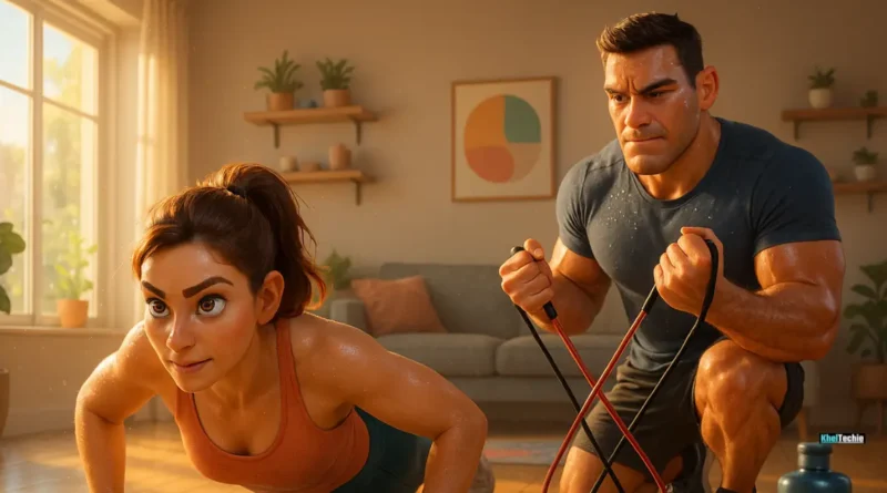 Man and woman doing home workout with resistance bands and push-ups in a bright living room with natural sunlight