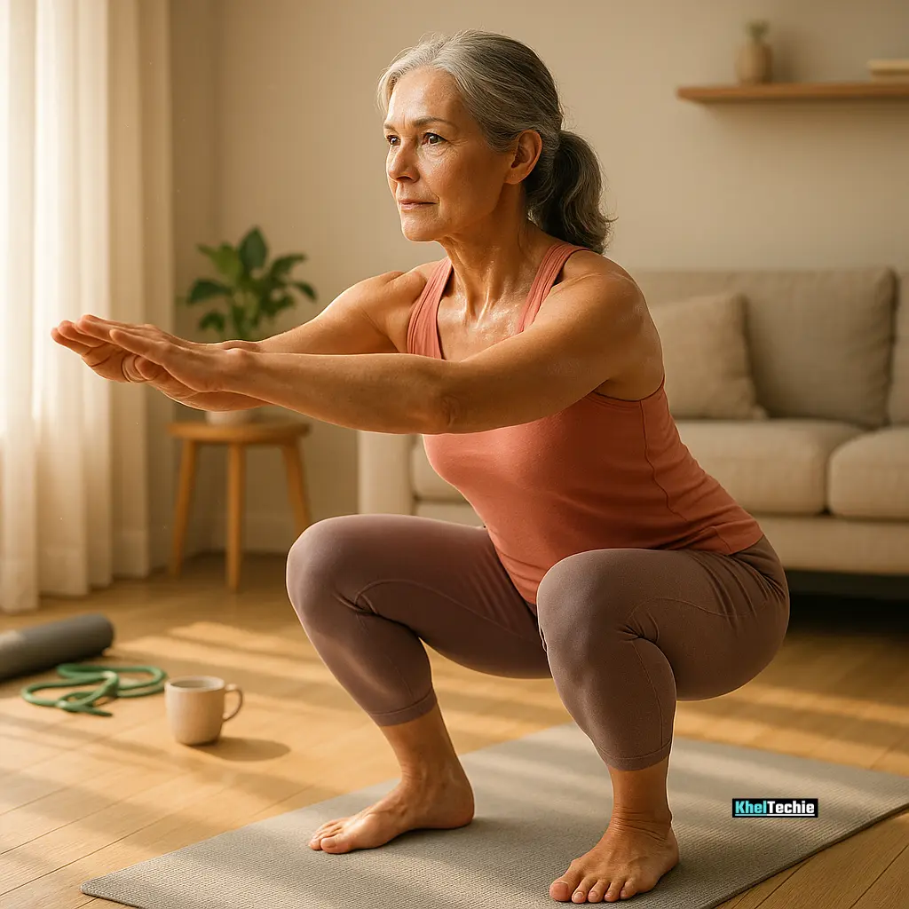 Middle-aged woman doing squats at home with resistance bands
