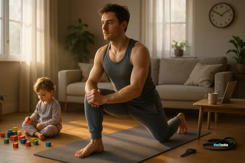 Parent working out at home early morning with child nearby