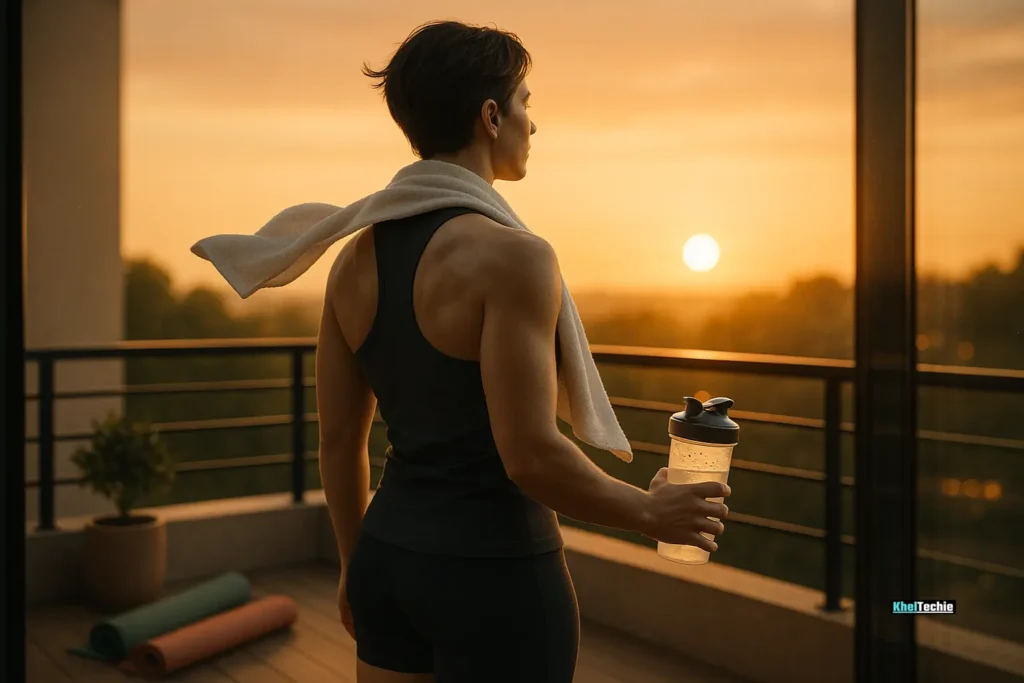 Person looking out post-workout at sunset on home balcony