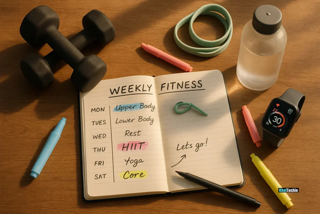 Weekly fitness planner with home workouts and gear on wooden table
