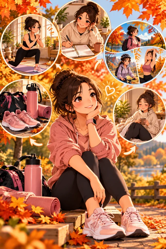 Anime-style fall fitness scene showing a woman surrounded by workout gear, planning, movement, and relaxing recovery moments.