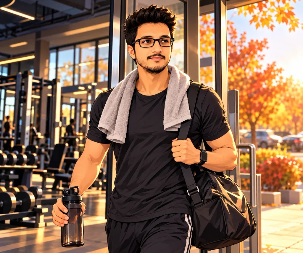 Adult finishing a sustainable fall gym workout and leaving a modern fitness center