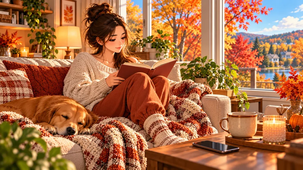 Adult taking a screen-free self-care break while reading near a fall window.