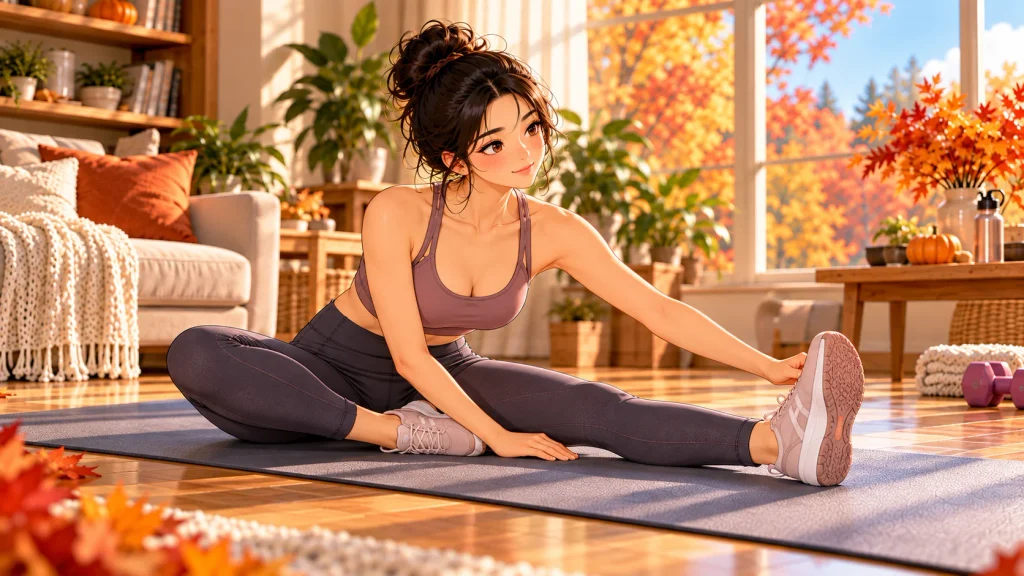 Adult performing a gentle seated hamstring stretch at home