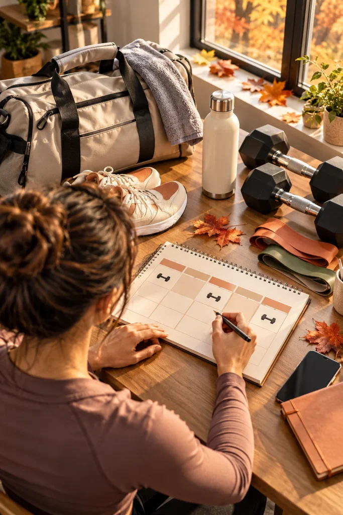 Weekly workout planning with gym equipment and three scheduled training days
