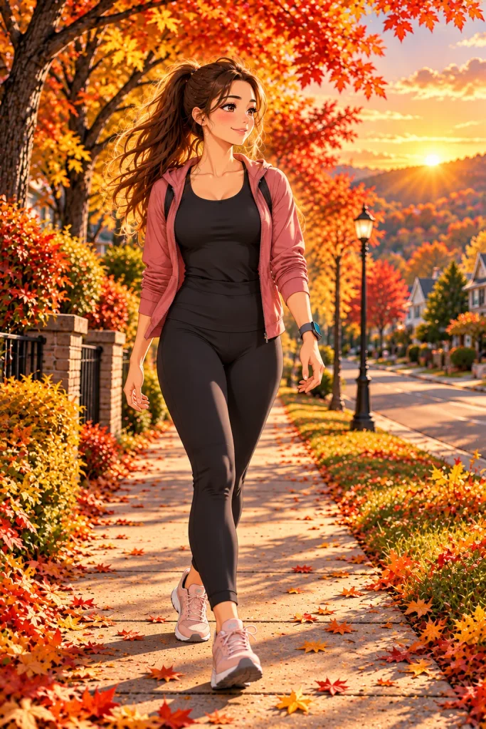 Adult finishing a consistent fall walking routine on an American autumn trail