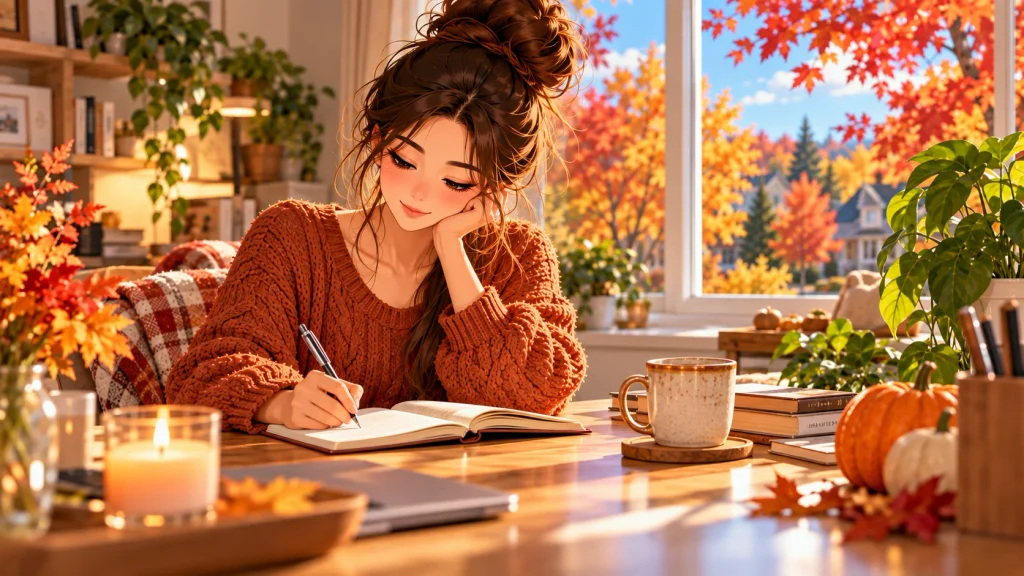 Adult journaling and reflecting during a quiet fall self-care afternoon.