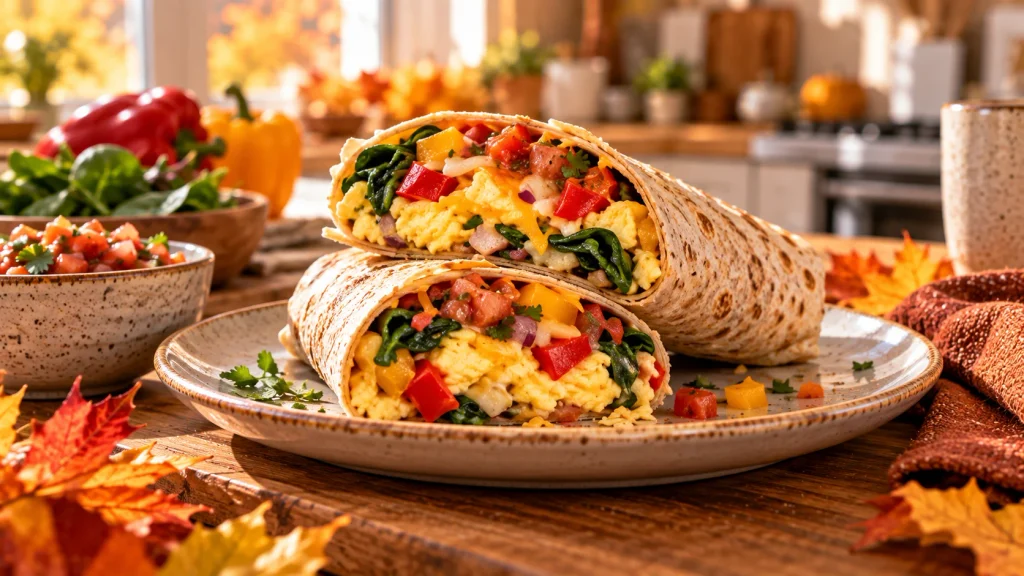 Veggie egg breakfast wrap filled with scrambled eggs, spinach, bell peppers, salsa and whole-grain tortilla.