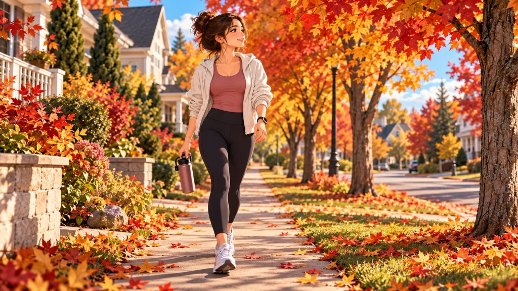 Adult taking a relaxed fall walk through an American neighborhood surrounded by autumn trees.