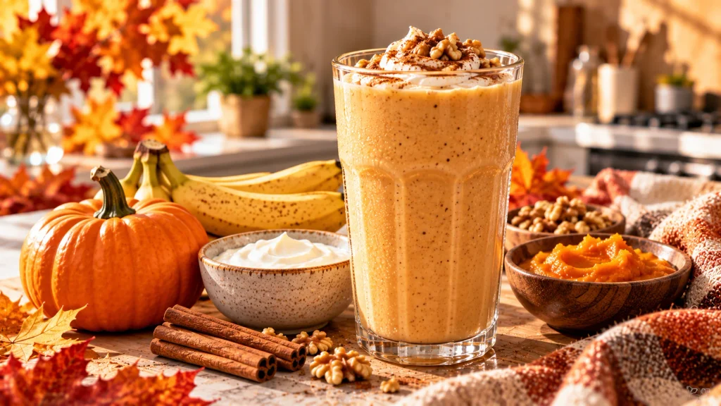 Pumpkin Greek yogurt smoothie with banana, cinnamon and pumpkin puree in a glass.
