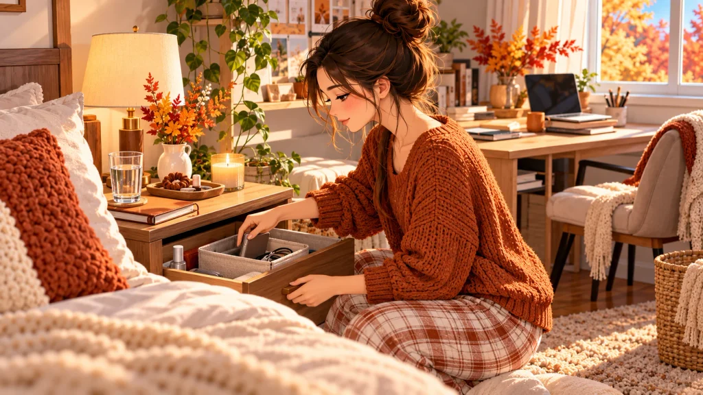 Adult tidying a small bedroom area during a fall self-care day.