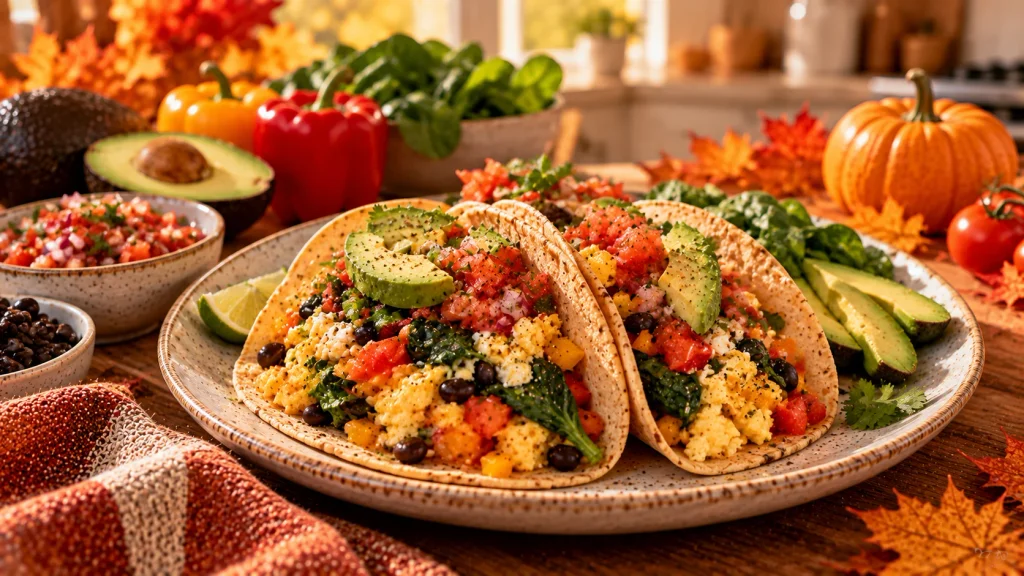 Breakfast tacos filled with scrambled eggs, black beans, avocado, spinach, peppers and salsa.