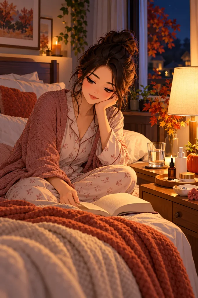 Adult following a calm fall evening self-care and bedtime routine.