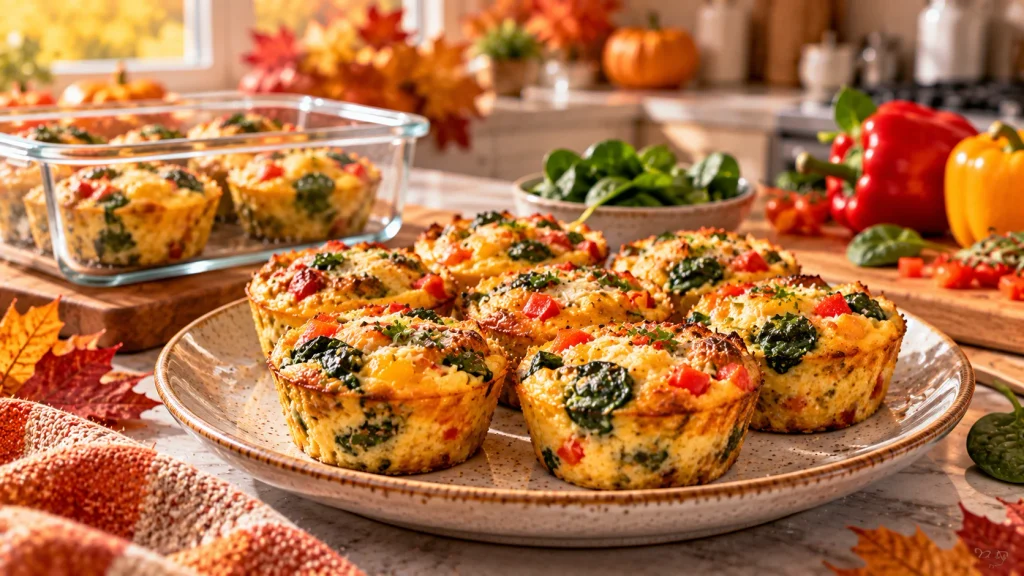 Make-ahead egg and veggie breakfast cups with spinach, bell peppers, tomatoes and cheese.