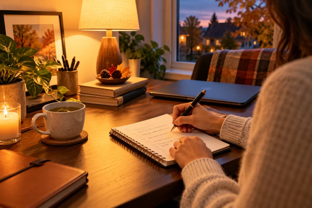 Writing three priorities for tomorrow during a calm fall evening routine