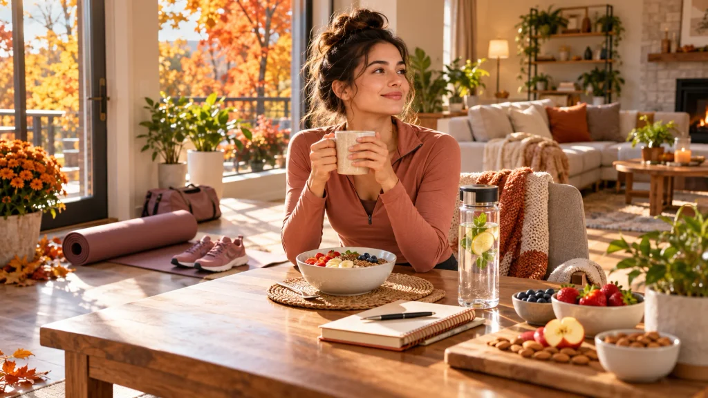 Adult enjoying a balanced fall wellness morning with healthy food, water, walking shoes, yoga mat, and journal.