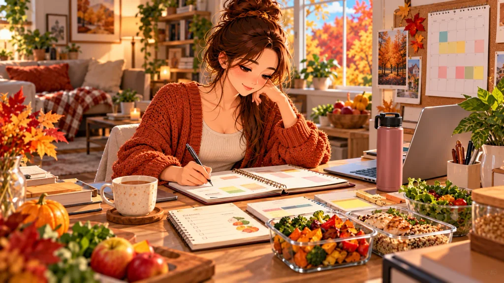Adult preparing a weekly schedule and organizing a workspace during a fall self-care day.