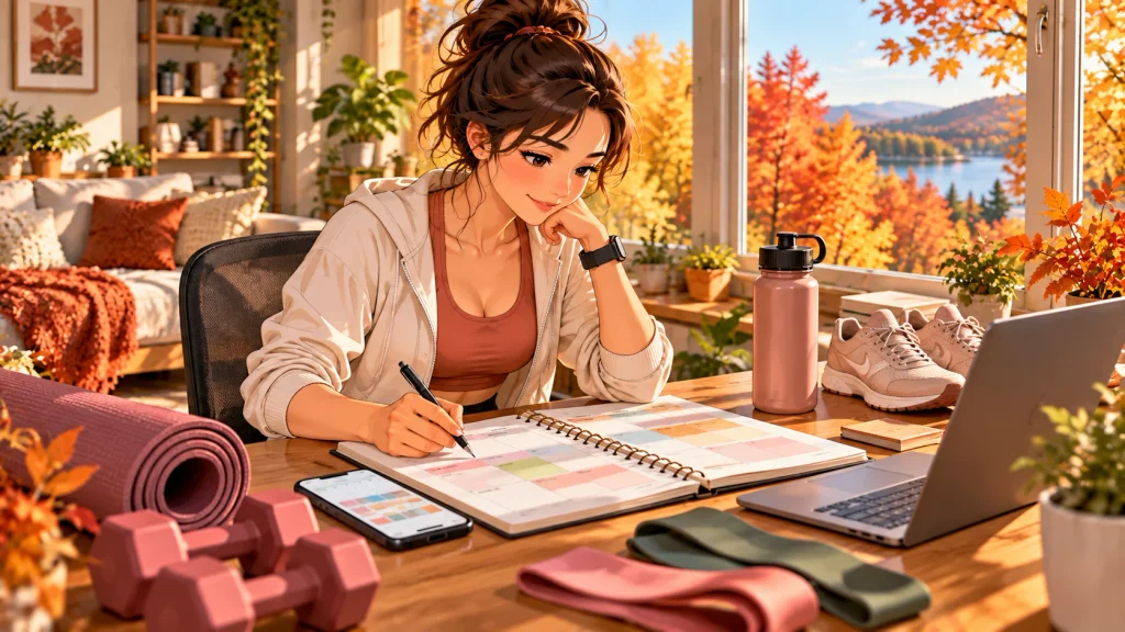 Person scheduling weekly workouts on a calendar to build a consistent fall fitness routine.