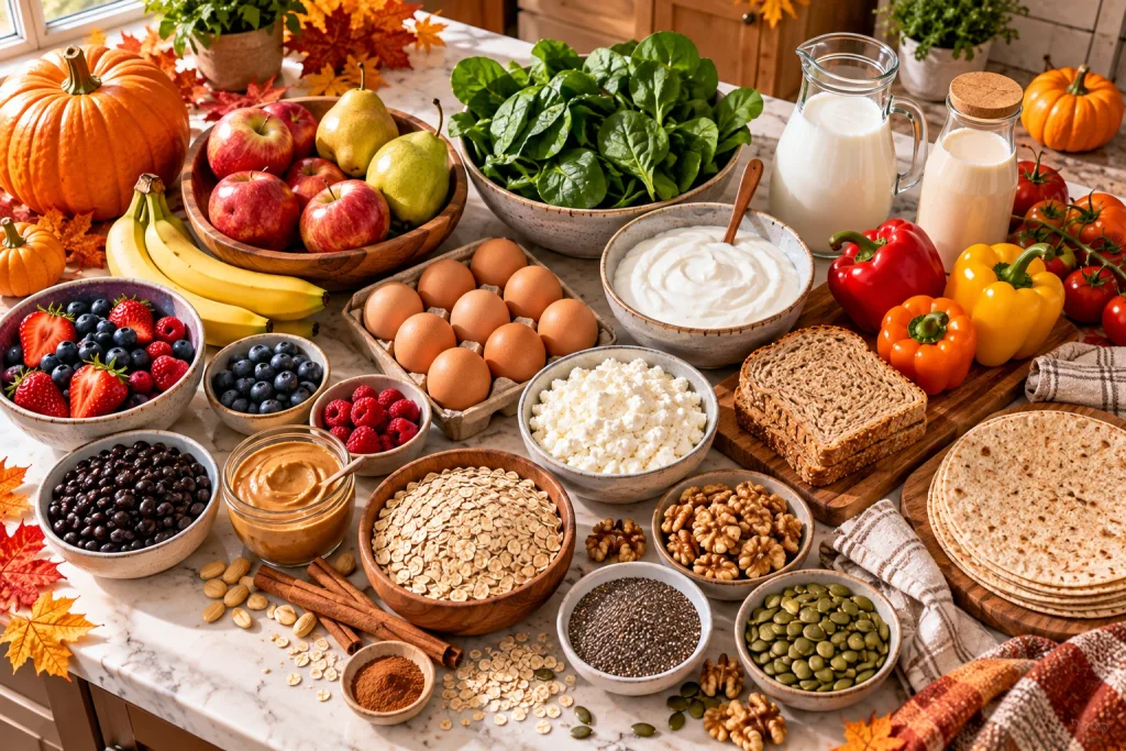 High-protein fall breakfast grocery ingredients including eggs, Greek yogurt, oats, apples, pumpkin, seeds and walnuts.