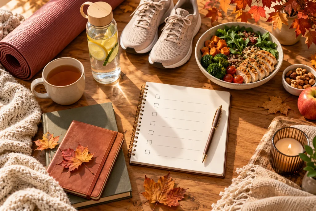 Fall wellness checklist with a notebook, water bottle, walking shoes, healthy meal, and autumn leaves.