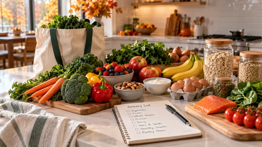 Healthy groceries and grocery list prepared during a Sunday reset