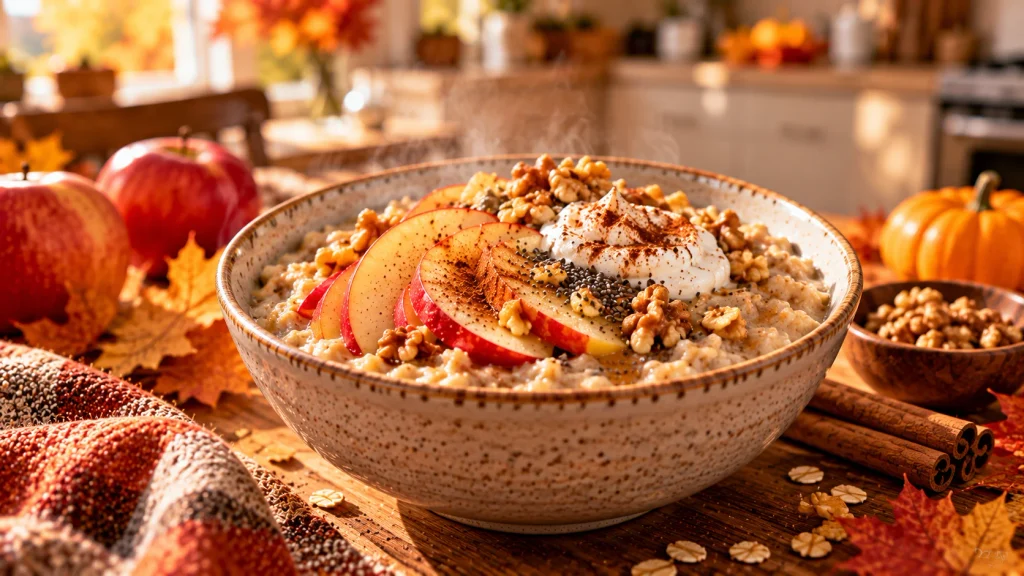 Warm protein oatmeal topped with apples, cinnamon, chia seeds, walnuts and Greek yogurt.