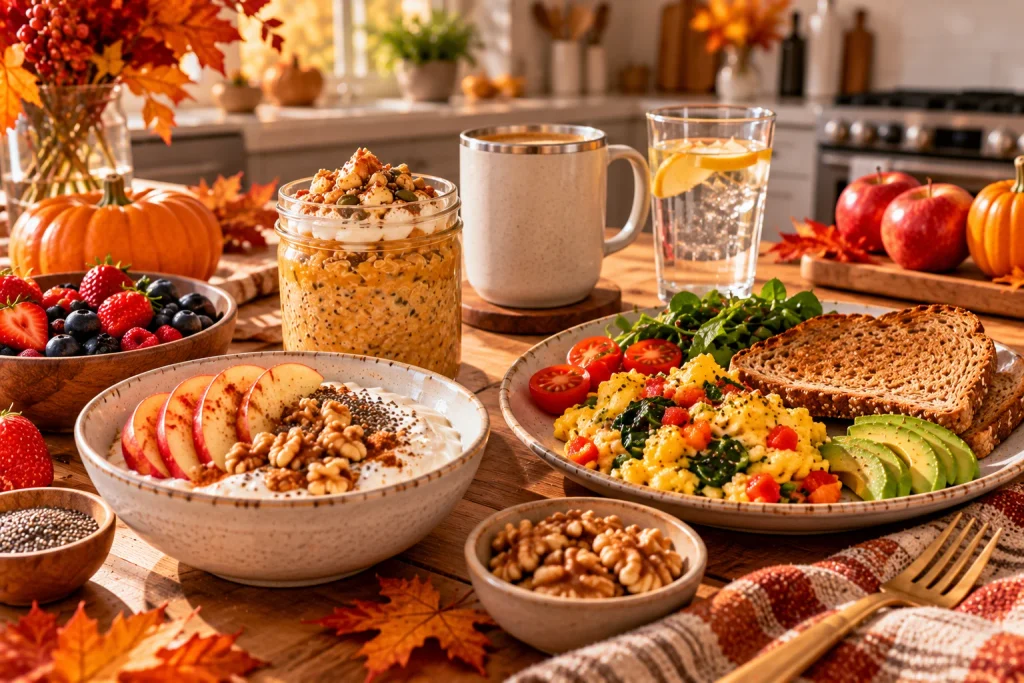 Healthy high-protein fall breakfast spread with Greek yogurt, eggs, oats, apples, toast, nuts and seeds.
