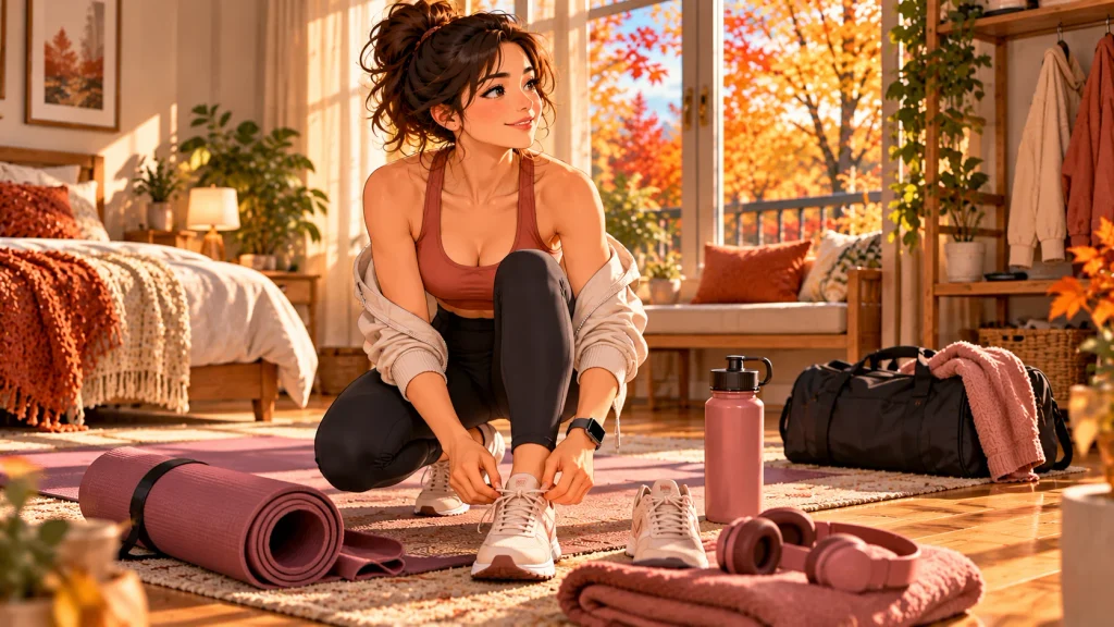 Person preparing workout clothes and shoes as a fall fitness routine cue.